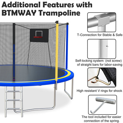 SHINPT 14ft Trampoline for Kids, Outdoor Trampoline with Net, Big Trampoline with Basketball Hoop and Ladder, Heavy Duty Trampoline with No-gap Design, Backyard Trampolines for Adult