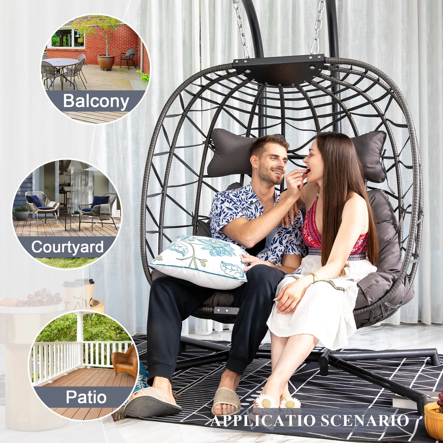 RADIATA Double Wicker Egg Swing Chair with Stand, 2-Person Hanging Egg Chair for Indoor/Outdoor, 700lbs Capacity, Thick Cushions & Headrest,Sturdy Metal Frame��Dark Gray