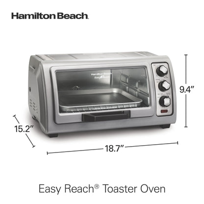 Hamilton Beach 6 Slice Countertop Toaster Oven with Easy Reach Roll-Top Door, Bake, Broil & Toast Functions, Silver