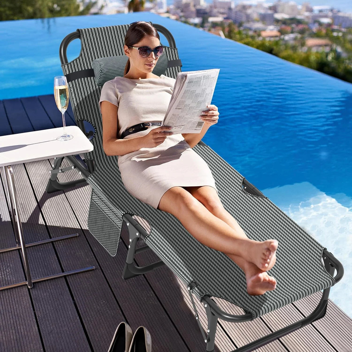 Slsy Folding Lounge Chair, 5-Position Adjustable Outdoor Reclining Chair, Folding Sleeping Bed Cot, Folding Chaise Lounge Chair for Pool Beach Patio Sunbathing