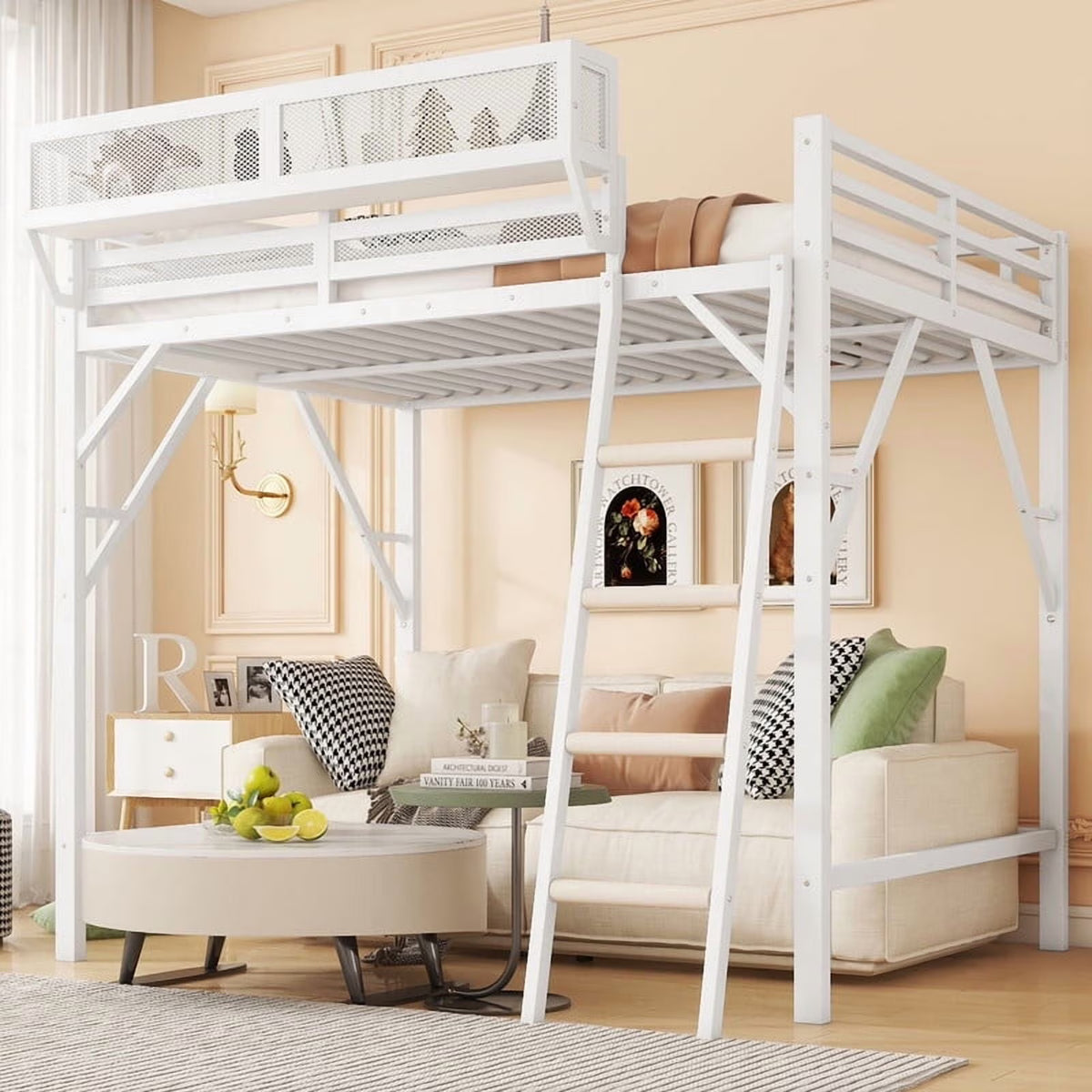 Duxelifin Queen Size Metal Loft Bed Frame, Heavy Duty Steel High Loft Bed with Storage Shelves & Ladder, Space-Saving Loft Bed for Apartments, Adults, Teens & Juniors (Black)