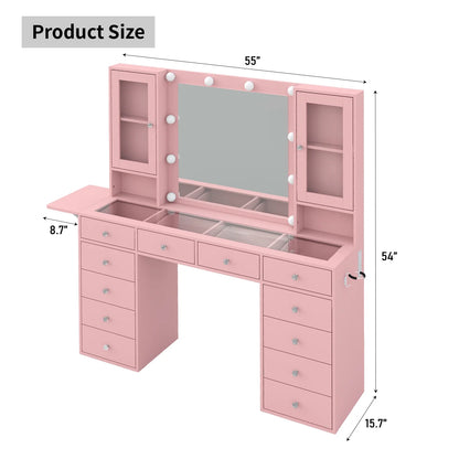 Vanity With Power Outlet, Vanity Desk With Mirror And 10 LED Lights, Makeup Vanity With 12 Drawers And 2 Cabinets, Fold-Up Panel, Glass Top Vanity Table With Chair For Bedroom