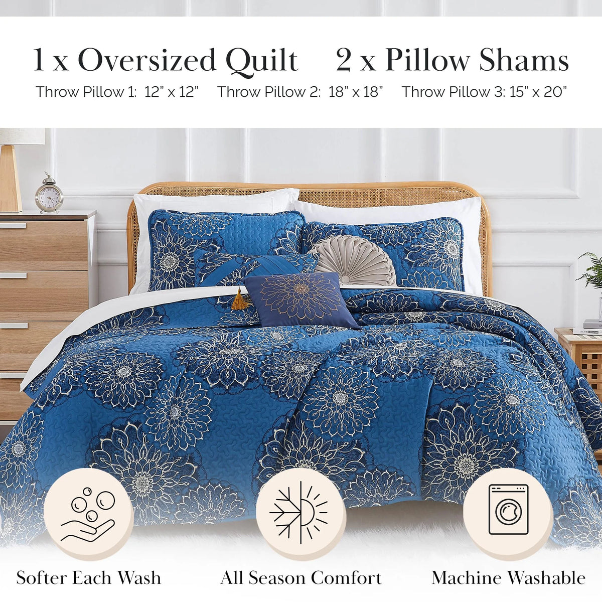 Southshore Fine LinensOversized 5-Piece Twin / Twin XL Quilt Bedding Set with two matching shams and three decorative throw pillows, oversized Paisley farmhouse bedspread Pure Melody Aqua