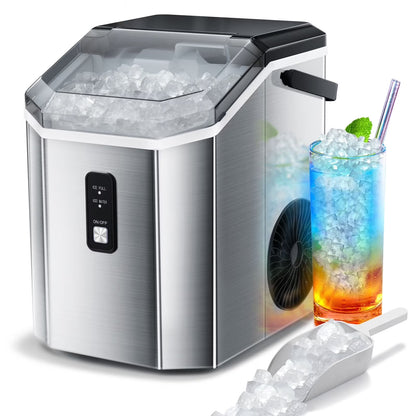 Auseo SS Nugget Countertop Ice Maker with Soft Chewable Ice, 35Lbs/24H, Self-Cleaning, Ice Scoop, Stainless Steel Silver, for Kitchen/Office/Party