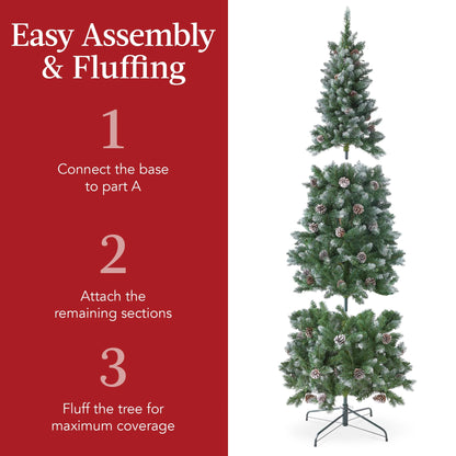 Best Choice Products 6ft Pre-Lit Partially Flocked Pencil Christmas Tree w/ 250 Lights, Pine Cones, Foldable Stand