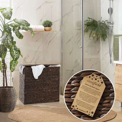 Casafield 2-Section Laundry Hamper with Lid and Removable Liner Bags - Natural, Woven Water Hyacinth Laundry Basket for Clothes