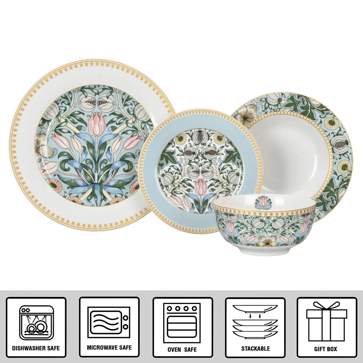 STP GOODS Melodie de Fleurs Bone China Dinnerware Set of 24 Service for 6 24-Piece Dish Set of Plates and Bowls, Blue Gold White