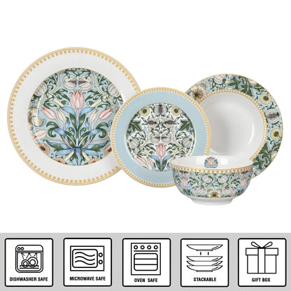 STP GOODS Melodie de Fleurs Bone China Dinnerware Set of 24 Service for 6 24-Piece Dish Set of Plates and Bowls, Blue Gold White