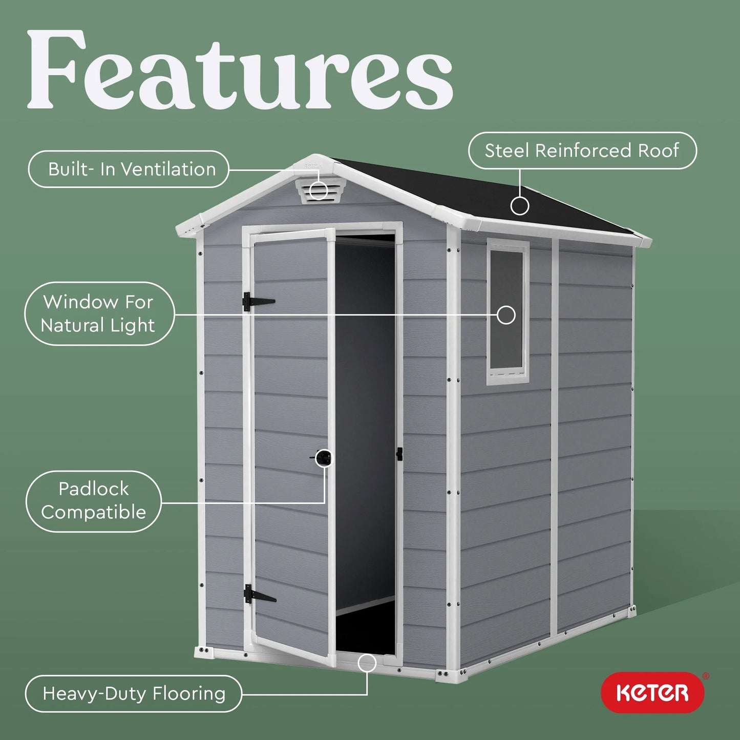 Keter 213413 Manor DD 6 X 8 Foot All Weather Outdoor Storage Shed, Grey