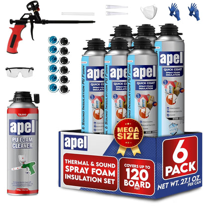 apel Spray Foam Insulation Kit (12 x 32.80 oz./240 Bd ft) Heat and Acoustic Insulation, Self Expanding Polyurethane Foam, Application Gun and Cleaner Included - 12 Pack