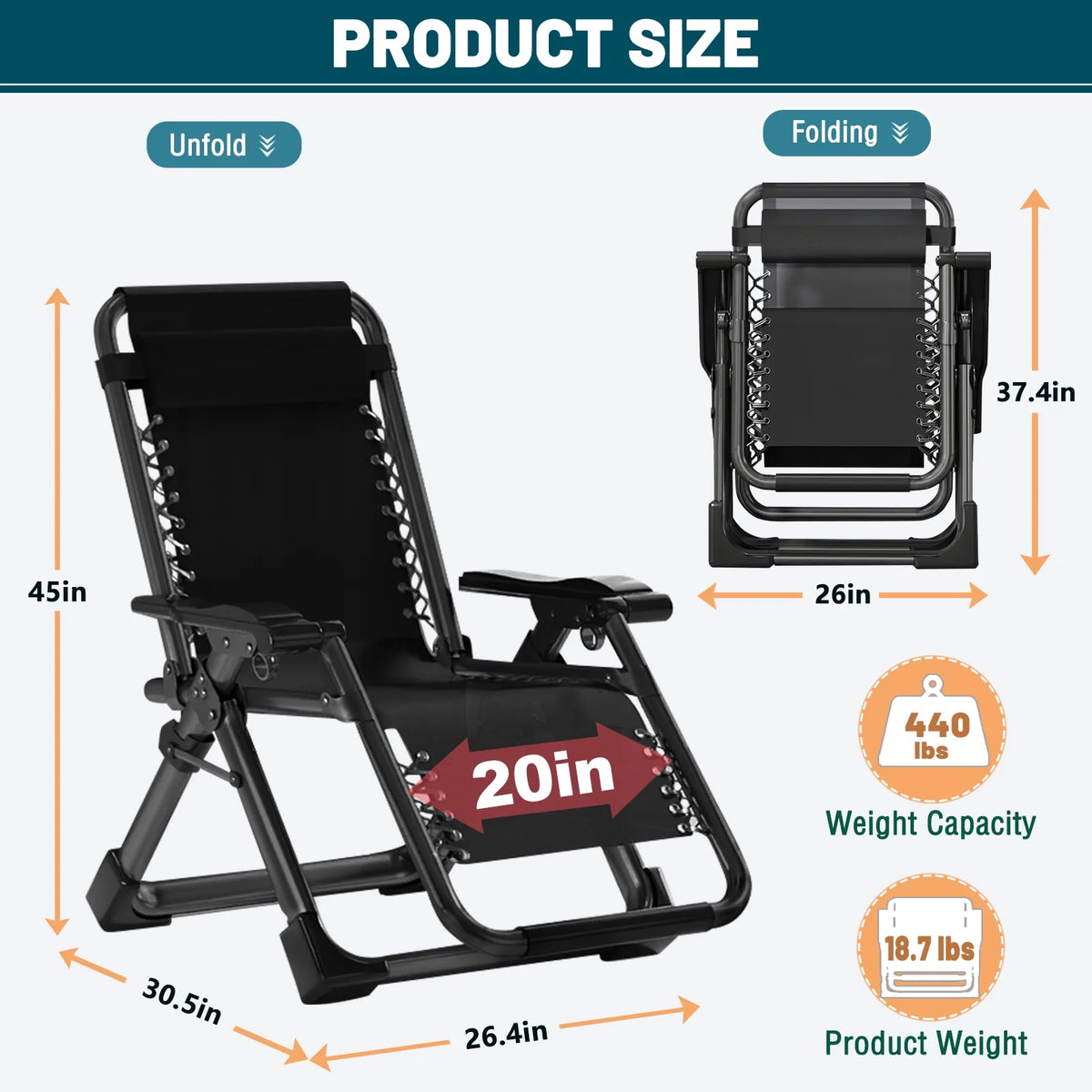 MOPHOTO Zero Gravity Chair Folding Outdoor Patio Recliner with Detachable Cushion,Cup Holder,Headrest,26"D x 20"W x 45"H