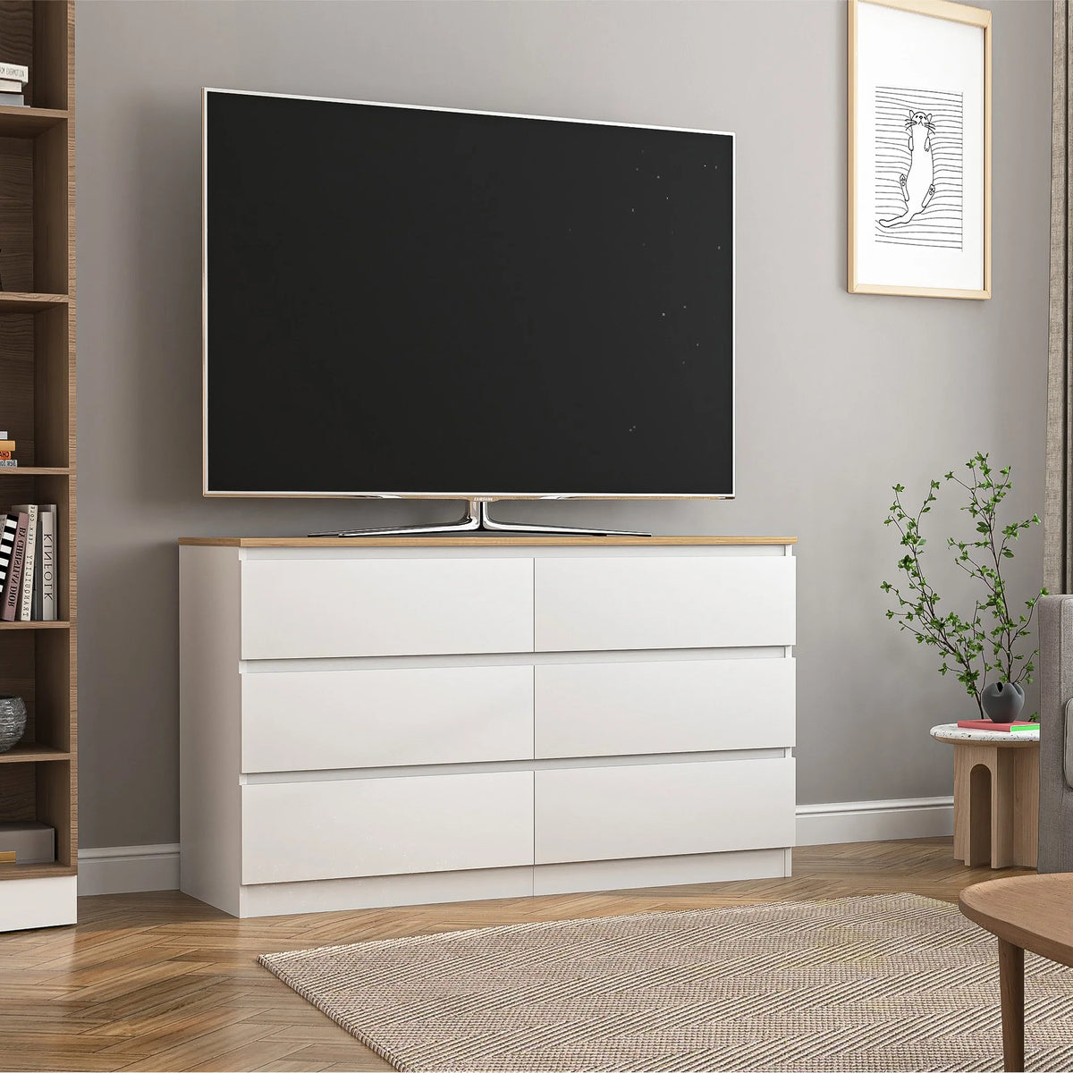 Resenkos Modern Mid Century 6 Drawer Wide Dressers Chests for Bedroom, Chest of Drawer Organizer Grey