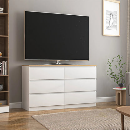 Resenkos Modern Mid Century 6 Drawer Wide Dressers Chests for Bedroom, Chest of Drawer Organizer Grey