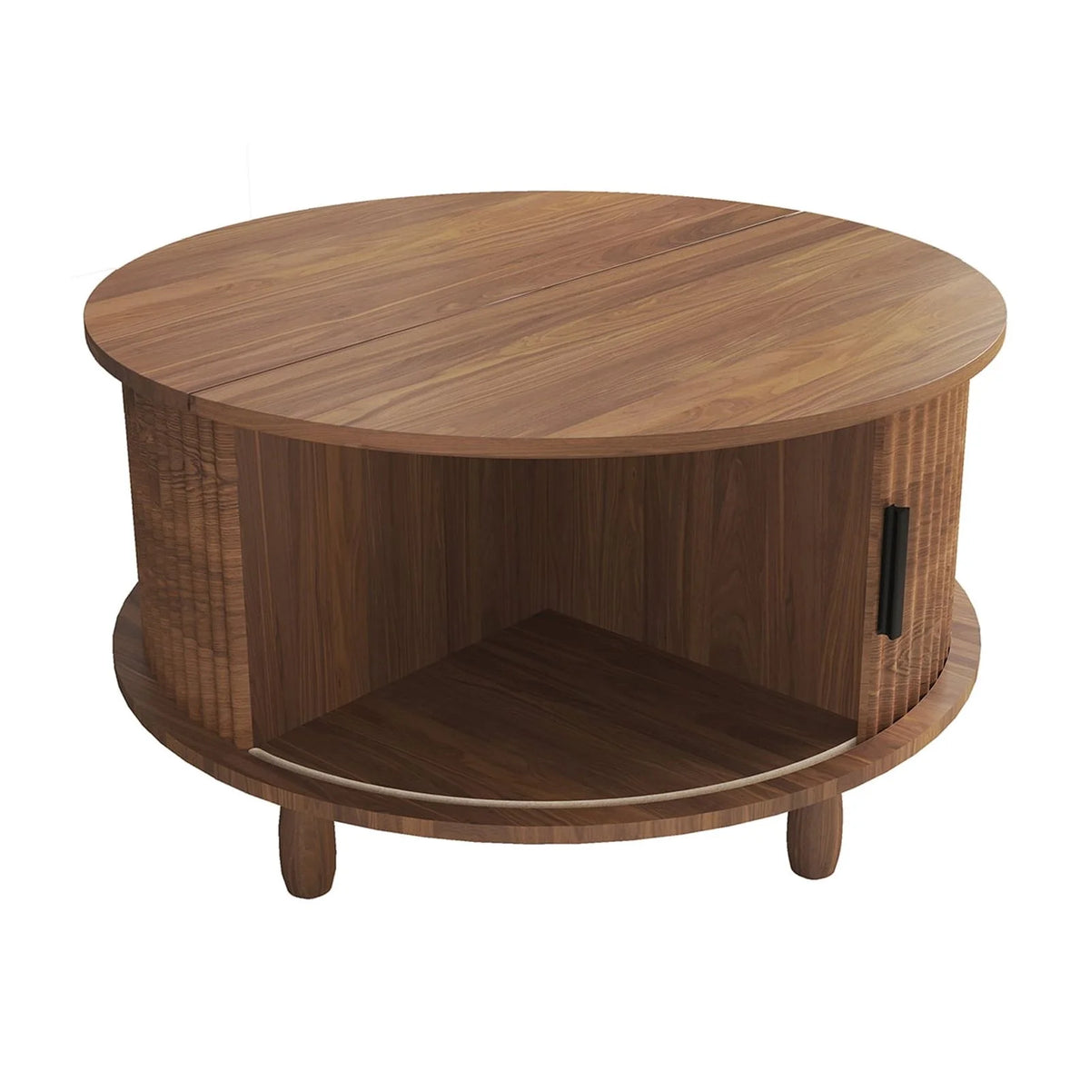 RUMLIVE Round Coffee Table with Storage, 30.7" Modern Coffee Table with 360�� Curved Sliding Door, Fluted Wood Coffee Table with Footpads, Round Center Table for Living Room, Black