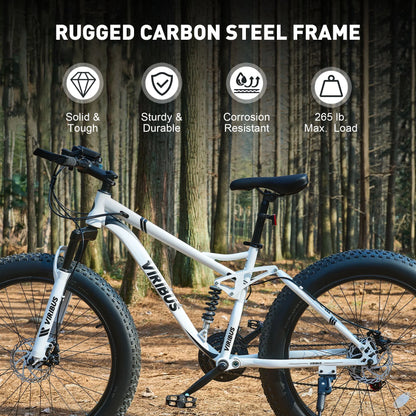VIRIBUS 26" Fat Tire Mountain Bike Full Suspension Bike with 21 Speeds Disc Brakes White