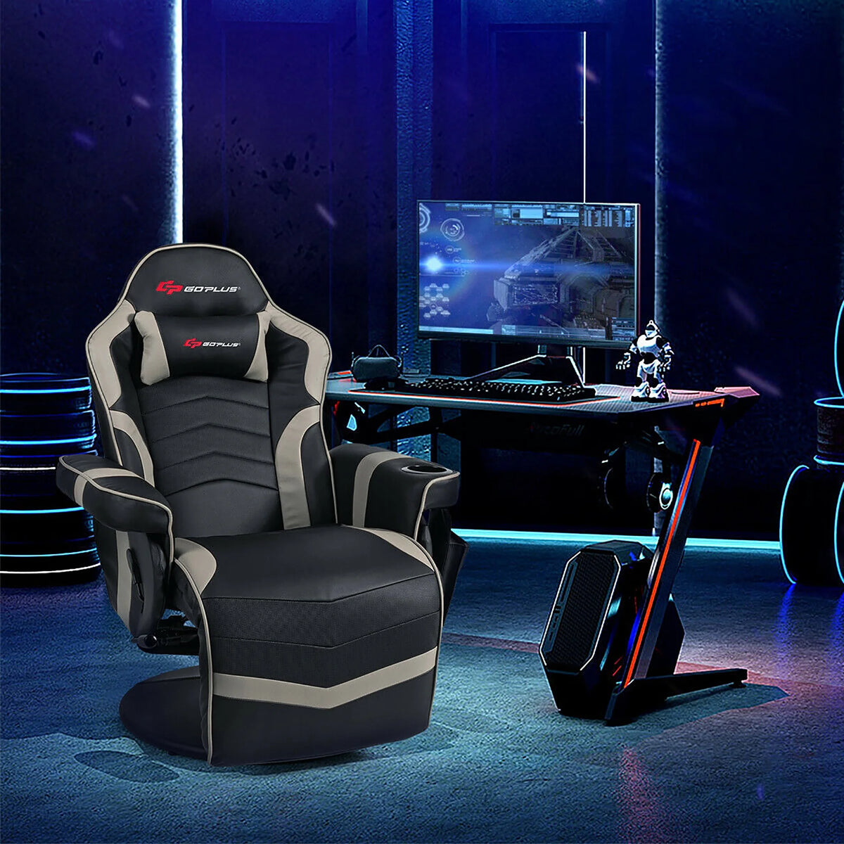 Goplus Massage Gaming Recliner Reclining Racing Chair Swivel Black