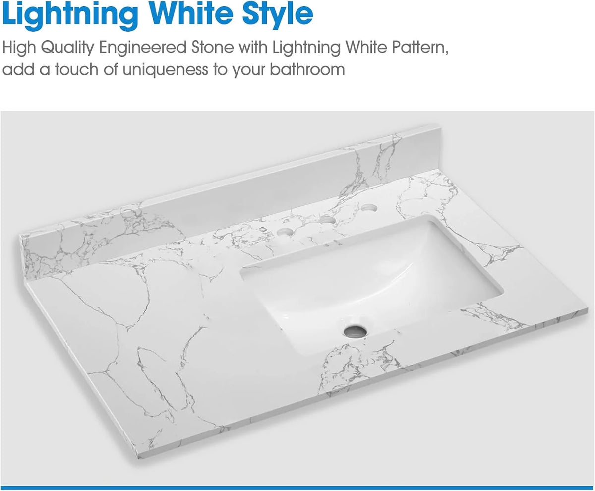 36x22 Engineered Stone Vanity Sink Top, White Bathroom Countertop with Undermount Left Sink, Vanity Top with 8 inch 3 Faucet Hole Spacing and Backsplash
