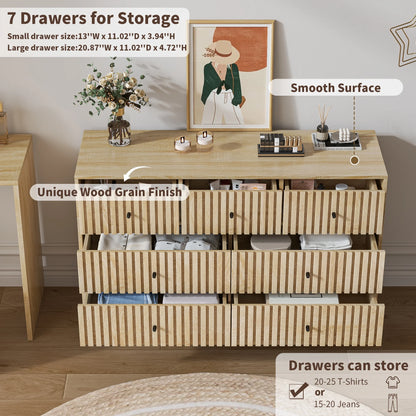 Oubayajia 7 Drawer Double Dresser, Fluted Chest of Drawers, Wood Storage Cabinet for Bedroom, Living Room, Hallway, Walnut