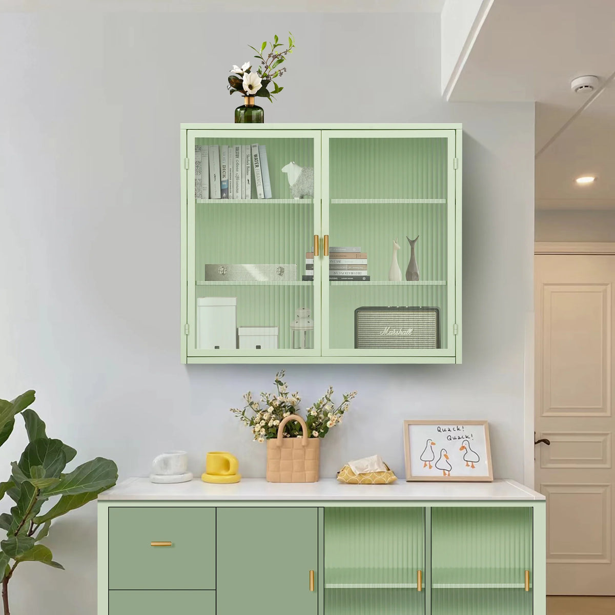 27.56"Modern Wall Cabinet with Glass Doors, Bathroom Cabinet with Featuring Three-tier Storage for Entryway Living Room, Bathroom or Dining Room, Mint Green