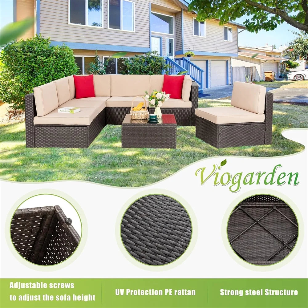 7 Pieces Outdoor Patio Furniture Set, Outdoor Sectional Rattan Sofa, PE Manual Weaving Wicker Patio Conversation Set with Cushion, Glass Table, Pillow, Dark Gray