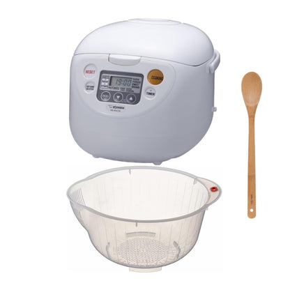 Zojirushi Micom Rice Cooker and Warmer (10-Cup/ Cool White) with Rice Washing Bowl and Bamboo Spoon