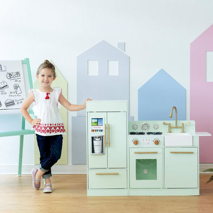 Teamson Kids Little Chef Charlotte Play Kitchen Set – Toddler Wooden Kitchen Playset with Stove. Sink &amp; Refrigerator. Toy Cooking Set for Ages 1-7. Mint/Gold