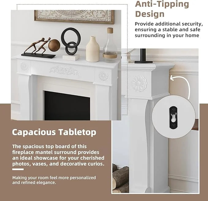EPICOZY 44.5" Fireplace Mantel, Freestanding Fireplace Surround with Leg for Electric Fireplaces, MDF Mantel Surround with Shelf for Living Room with Decorative Pattern, Anti-Tipping & Waterproof