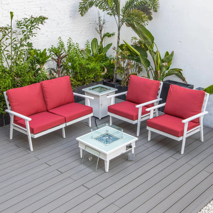 LeisureMod Walbrooke Modern Aluminum 5-Piece Patio Conversation Set with Outdoor Square Fire Pit Table with Slats Design & Side Table Tank Holder (Green)
