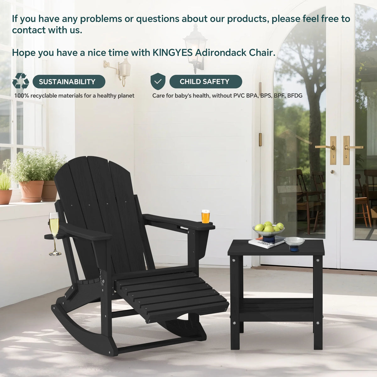 KINGYES Folding Adirondack Rocker Chair Set of 2 W/ Footrest & Dual Cup Holders, HDPE Outdoor Patio Rocking Chair, Black