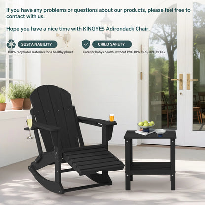 KINGYES Folding Adirondack Rocker Chair Set of 2 W/ Footrest & Dual Cup Holders, HDPE Outdoor Patio Rocking Chair, Black