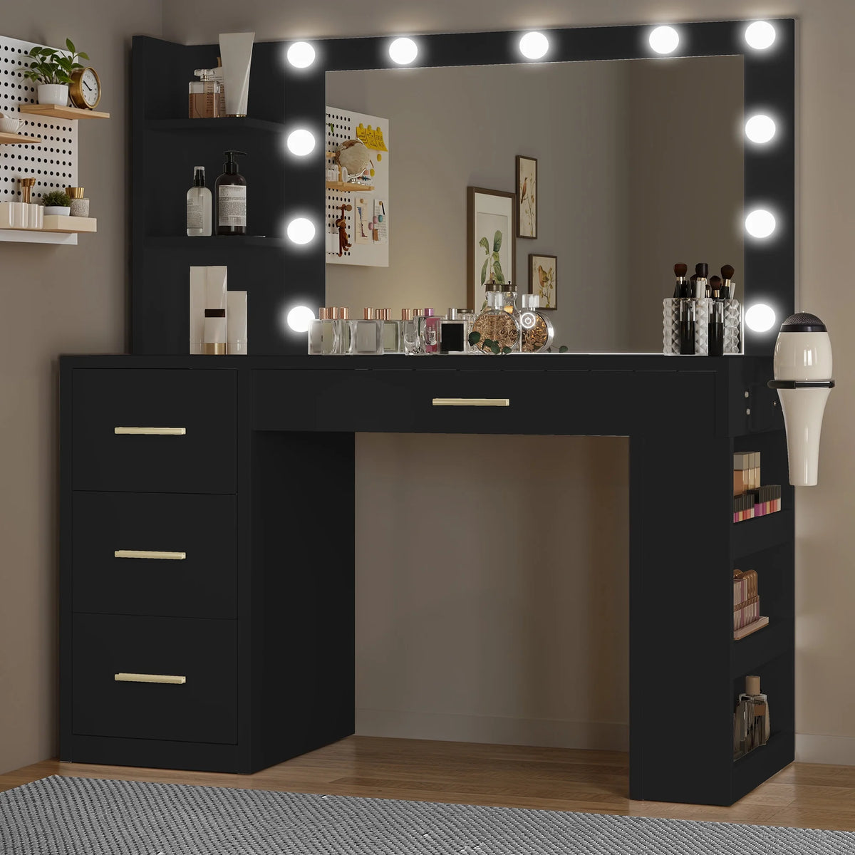 Uforic Makeup Vanity Desk with Mirror & Lights, Vanity Desk with 4 Drawers & Storage Shelves - White