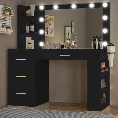 Uforic Makeup Vanity Desk with Mirror & Lights, Vanity Desk with 4 Drawers & Storage Shelves - White