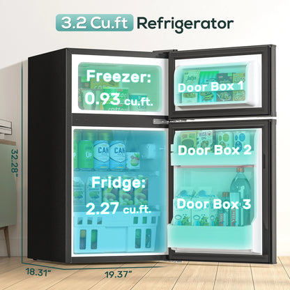 Auseo 3.1 Cu.Ft Double Door Mini Fridge with Freezer, Compact Retro Refrigerator for Dorm, Office, Bar, Bedroom, Black