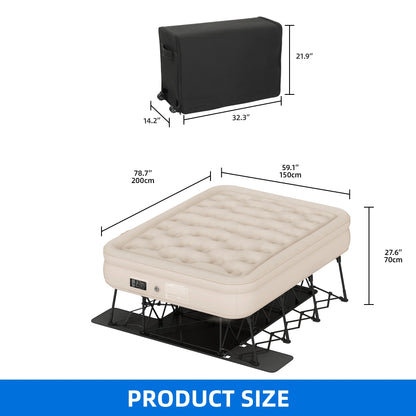 Dextrus Inflatable Queen Air Mattress with Built-in Pump, Frame, Velvet Surface & Portable Storage Case, Khaki
