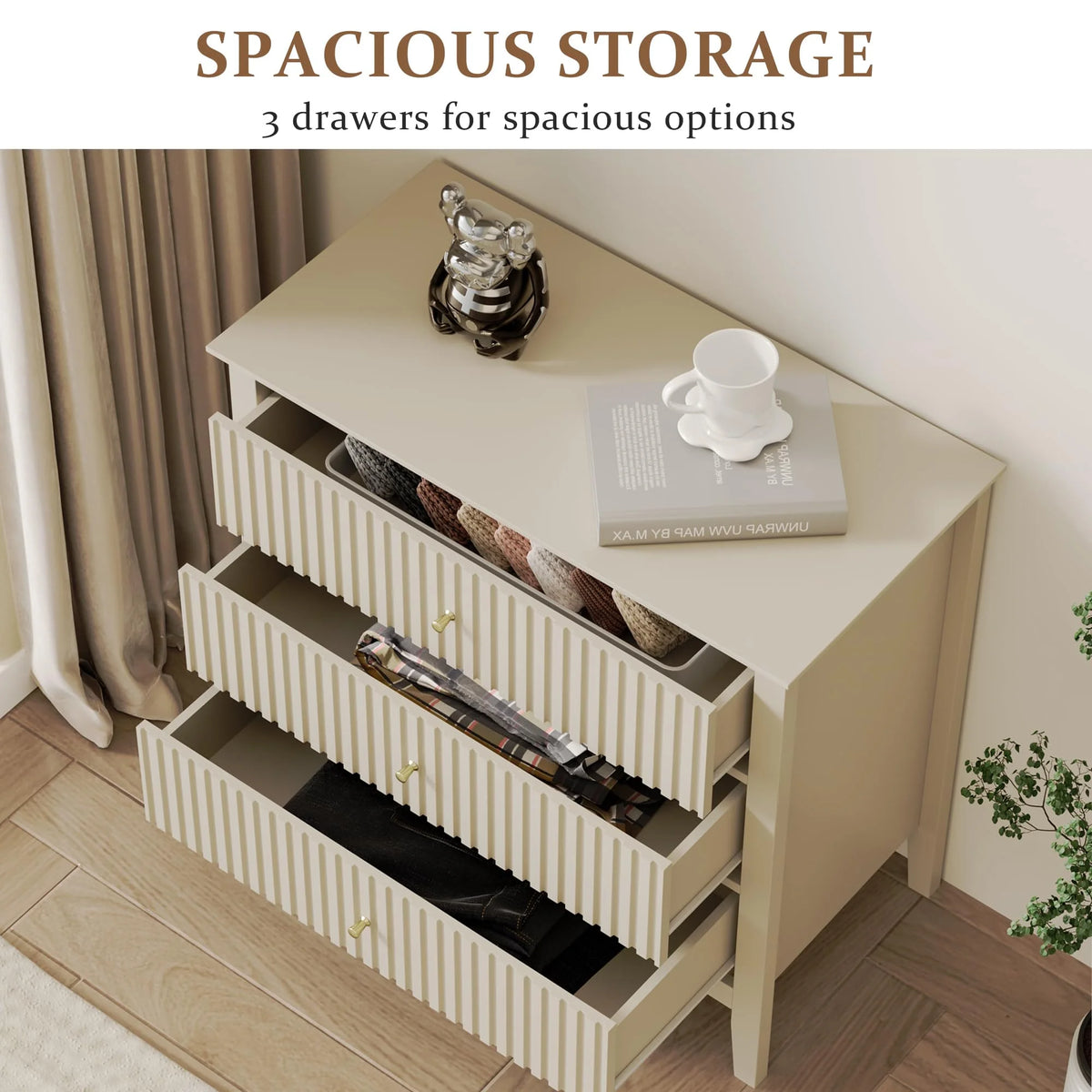 May Color Large White 3 Drawer Dresser Set of 2 with Fluted Panel, Modern Chest of Drawers with Silent Slide Drawers, Wood Accent Nightstand with Storage for Bedroom Living Room, Hallway