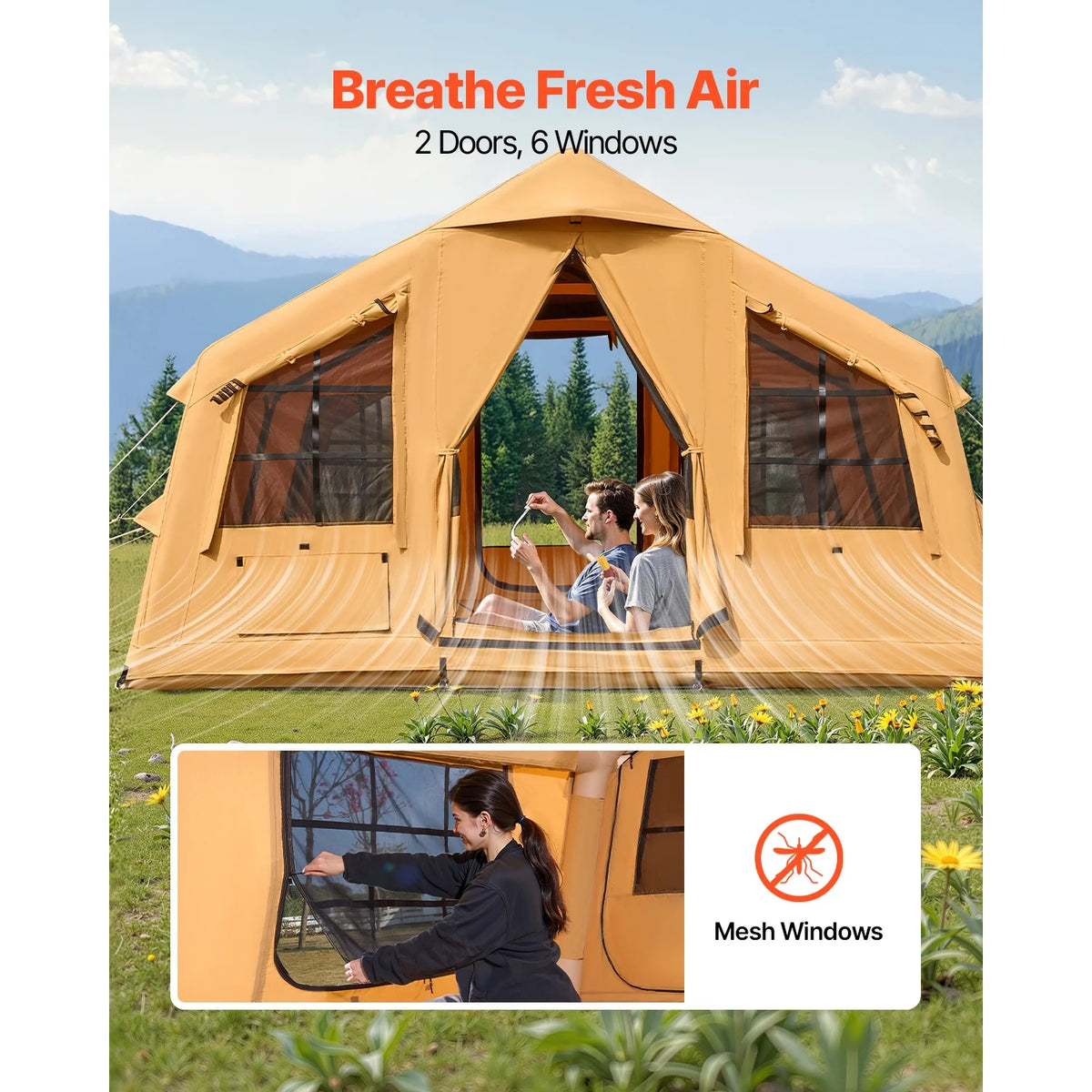 KFFKFF Inflatable Camping Tent for 8-12 Person, 15.75 x 11.81 x 7.22 Ft Glamping Blow up Tent with Hand Pump, Waterproof Air Tent, All-Weather Camping Shelter with Dual Sunroofs, Stove Jack