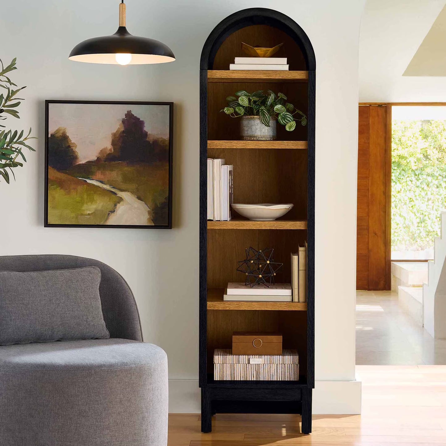 Better Homes & Gardens Juliet Narrow Arch Bookcase, Rich Black and Light Honey