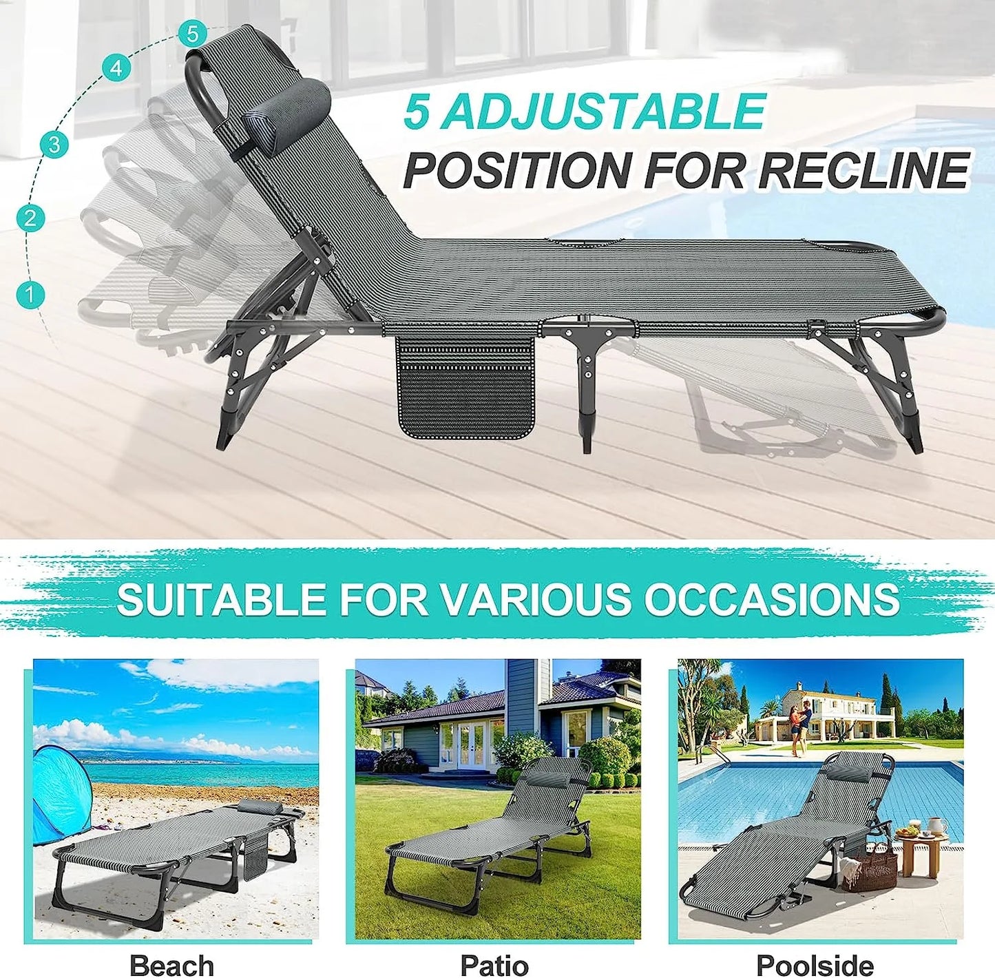 Slsy Folding Lounge Chair, 5-Position Adjustable Outdoor Reclining Chair, Folding Sleeping Bed Cot, Folding Chaise Lounge Chair for Pool Beach Patio Sunbathing