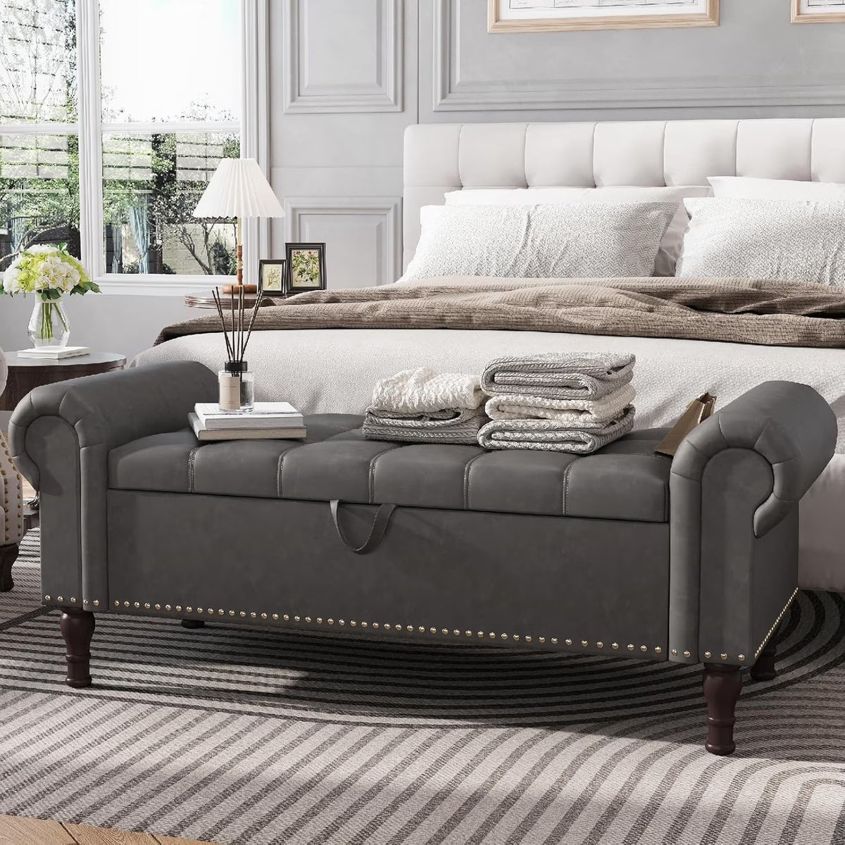 YOUDENOVA Storage Ottoman Bench for Bedroom 51" Queen Leather Storage Bench with Button, Upholstered Bedroom Bench with Rolled Arms for Living Room, Storage Room, Entryway, Gray