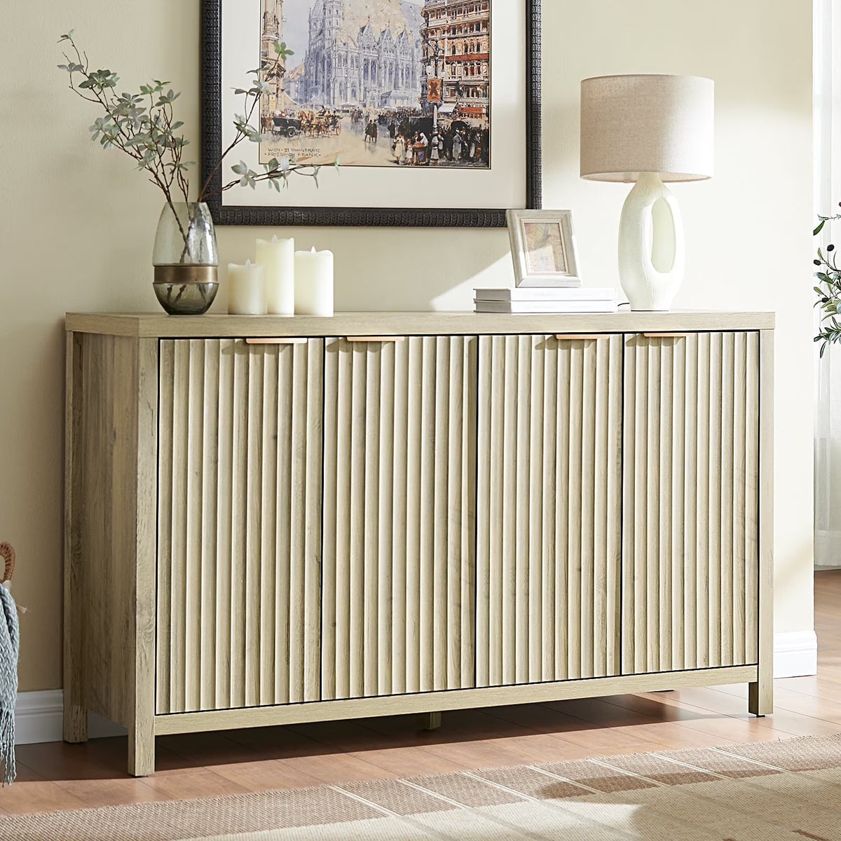 OAKHAM Fluted Sideboard Buffet Cabinet with 4 Doors, Storage Credenza with Adjustable Shelves, Modern Accent Cabinet Console, Sunwashed Ash Oak