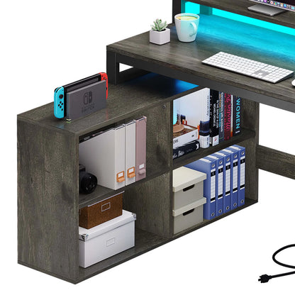 Dextrus 65" L Shaped Desk with Power Outlets and Monitor Stand , Computer Desk with LED Light &File Cabinet, Corner Desk with 3 Drawers & 4 Open Storage Shelves, Modern Home Office Desk, White