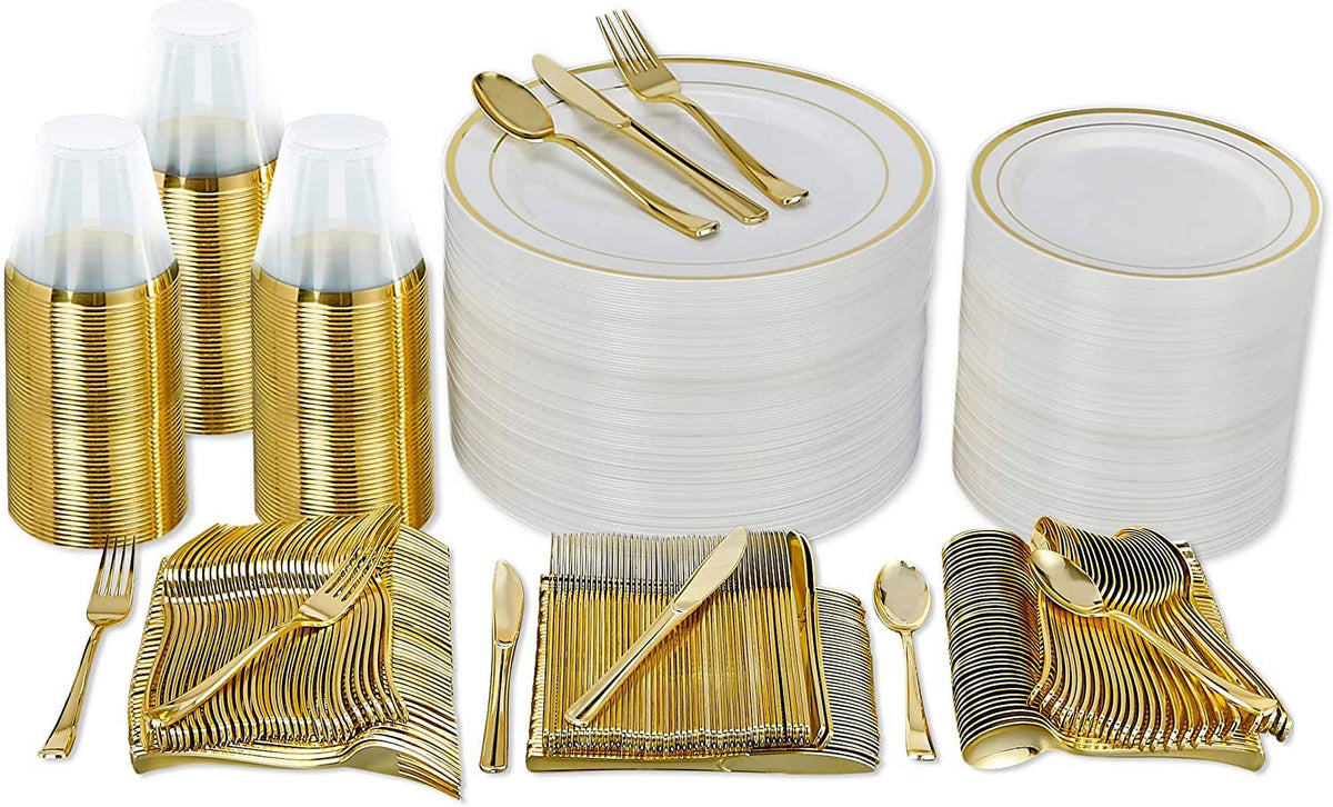 Prestee 600 Piece Gold Dinnerware Party Set (100 Guest), 100 Salad Gold Plates, 100 Gold Plastic Silverware Set, 100 Gold Cups Disposable Party Pack Wedding Birthday Parties