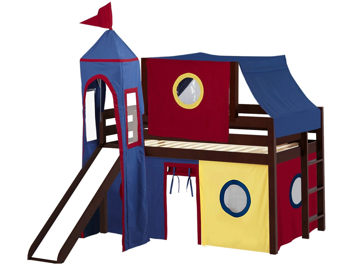 JACKPOT! Castle Low Loft Bed with Slide, Red Yellow and Blue Tent and Tower, Twin, Cherry