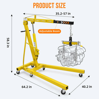 GARVEE 2 Ton Folding Hydraulic Engine Hoist with Lever,Folding Engine Shop Crane Hoist Lift,Heavy Cherry Picker with 6 Wheels for Garage,Workshop,Yellow