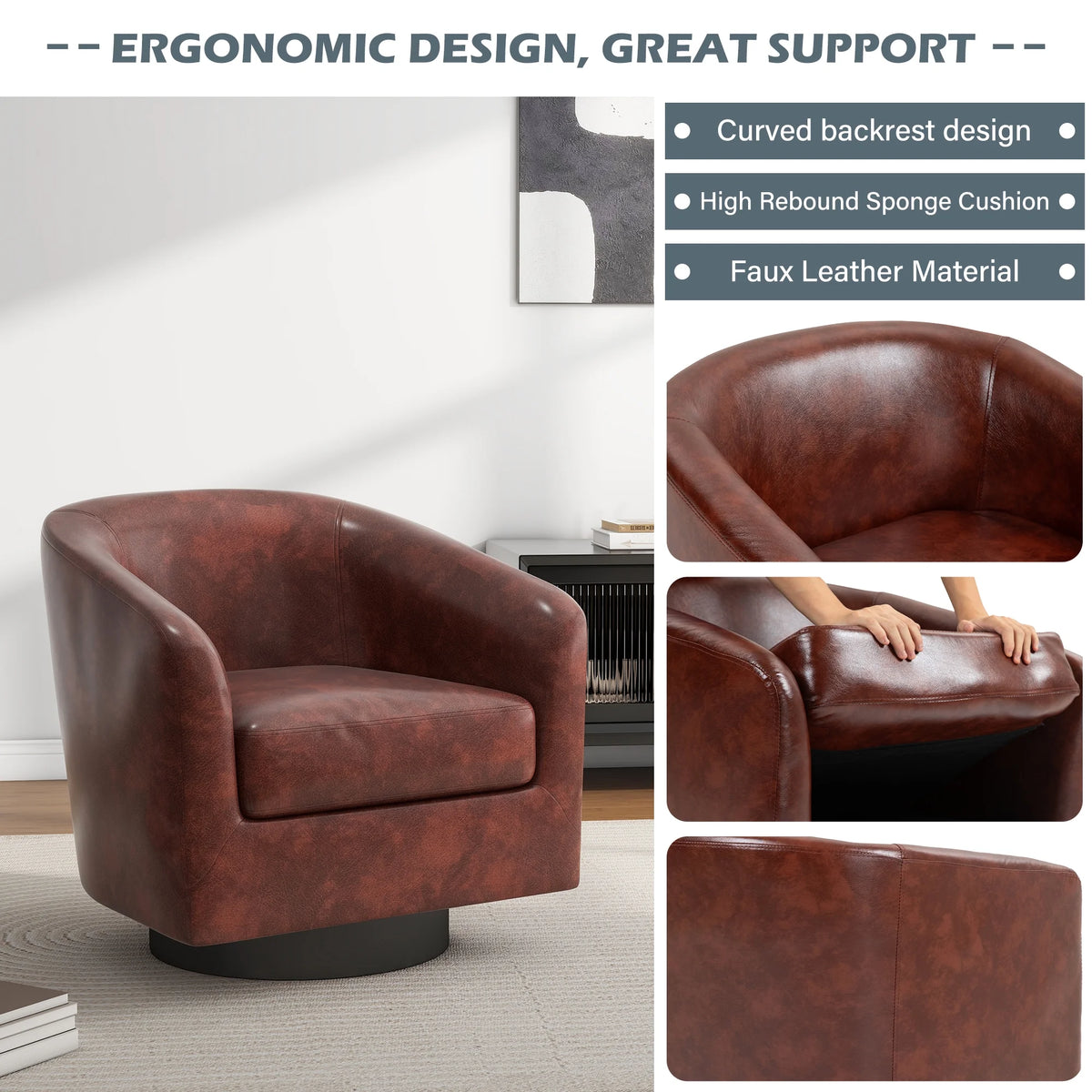 UIXE Swivel Accent Chair, Upholstered Fabric Barrel Chair for Living Room, Small Single Sofa Bedroom Reading Seat, Light Gray