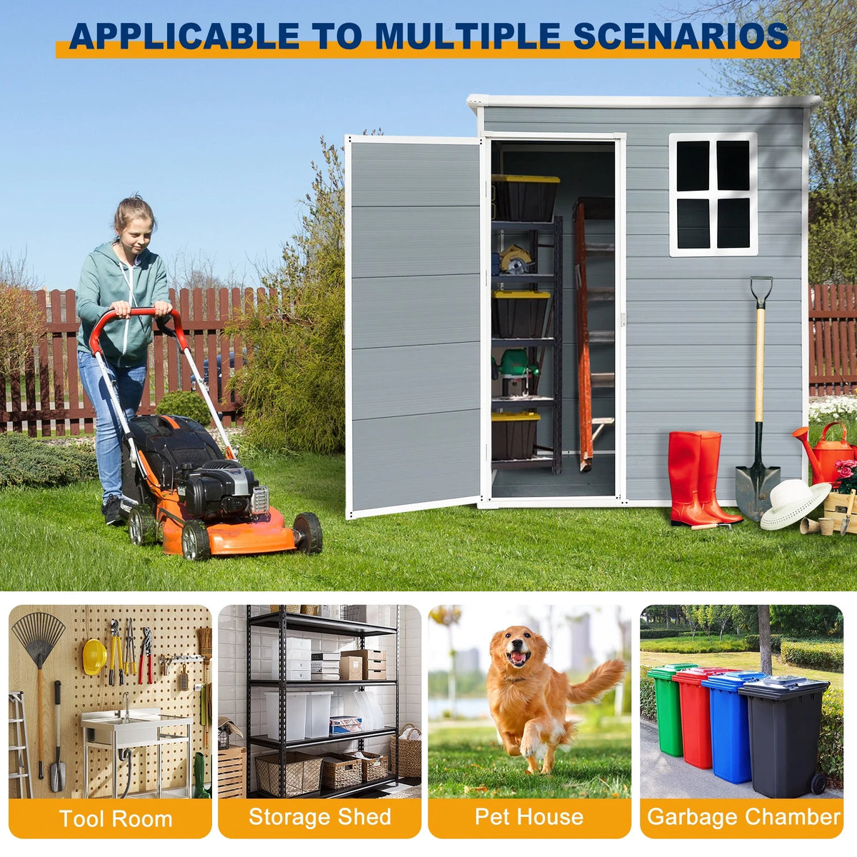 Seizeen Shed and Outdoor Storage, 41 Cu.Ft Small Outdoor Resin Shed with 3 Doors & Floor, 306GAL Deck Box Waterproof Plastic Tool Storage Shed for Cushion Lawn Mower Garbage Cans