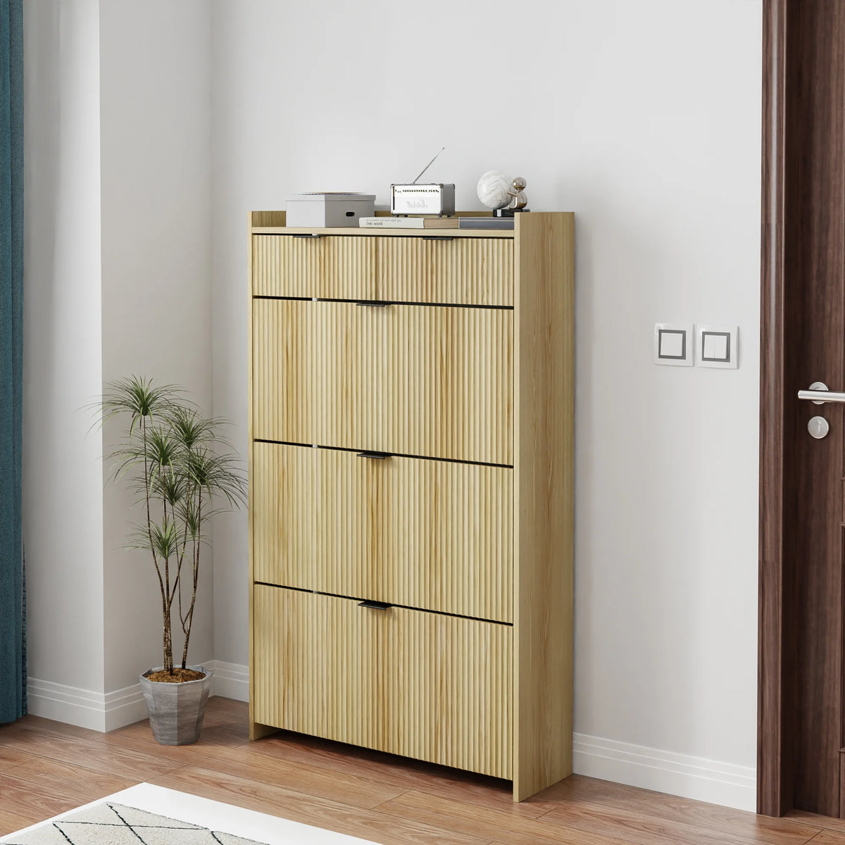 Shoe Cabinet, Free Standing Tipping Bucket Shoe Rack Organizer with 3 Flip Drawers, Modern Entryway Narrow Shoe Rack with 2 Drawers & Top Storage, for Hallway Bedroom, Walnut