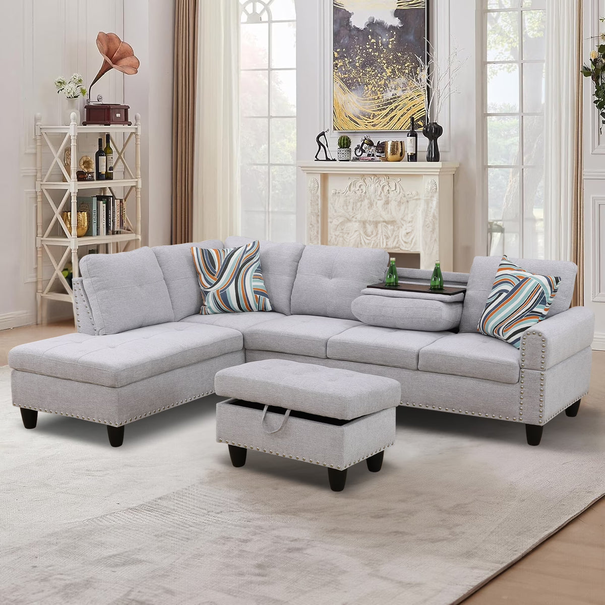Aukfa 3 Piece Sectional Sofa, Living Room Couch with Storage Ottoman&Cup Holder, Linen, Right Hand, Purple