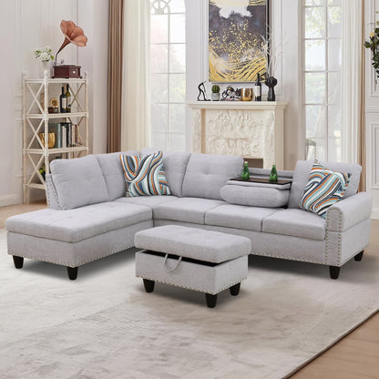 Aukfa 3 Piece Sectional Sofa, Living Room Couch with Storage Ottoman&Cup Holder, Linen, Right Hand, Purple