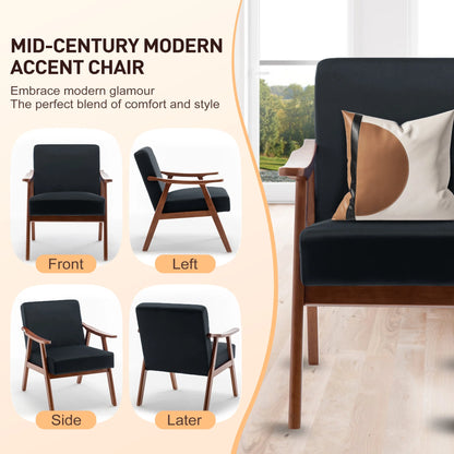 JONPONY Mid-Century Accent Chair,Living Room Chair with Solid Wood Frame,Accent Chair Extra-Thick Backrest,Wingback Chair for Bedroom,Reading Room,Living Room,Small Space,Black